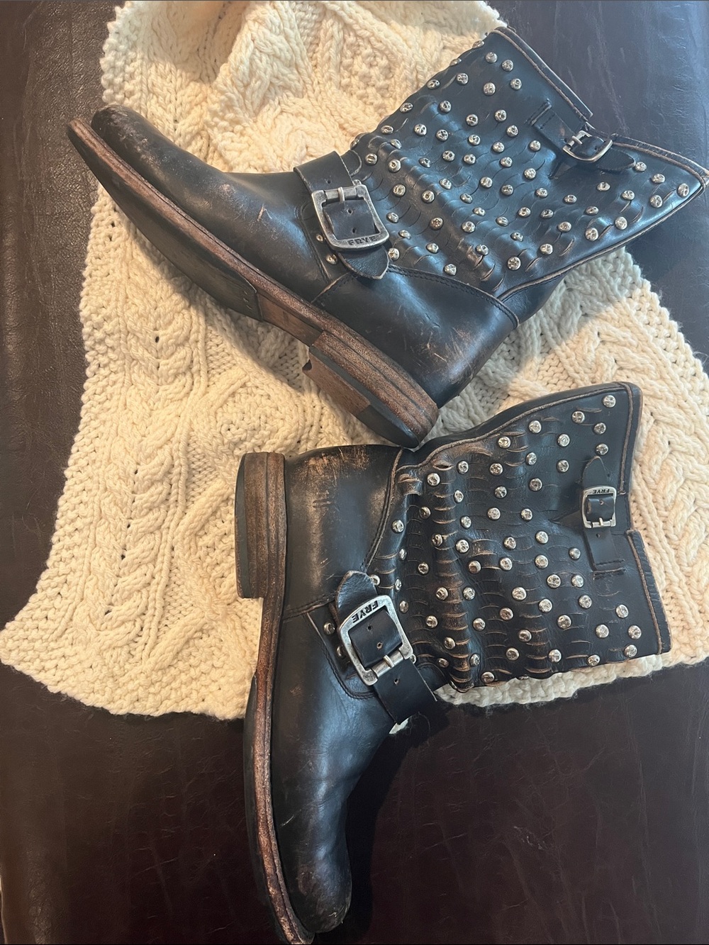 Frye Black Studded Leather Moto Boots with Buckles